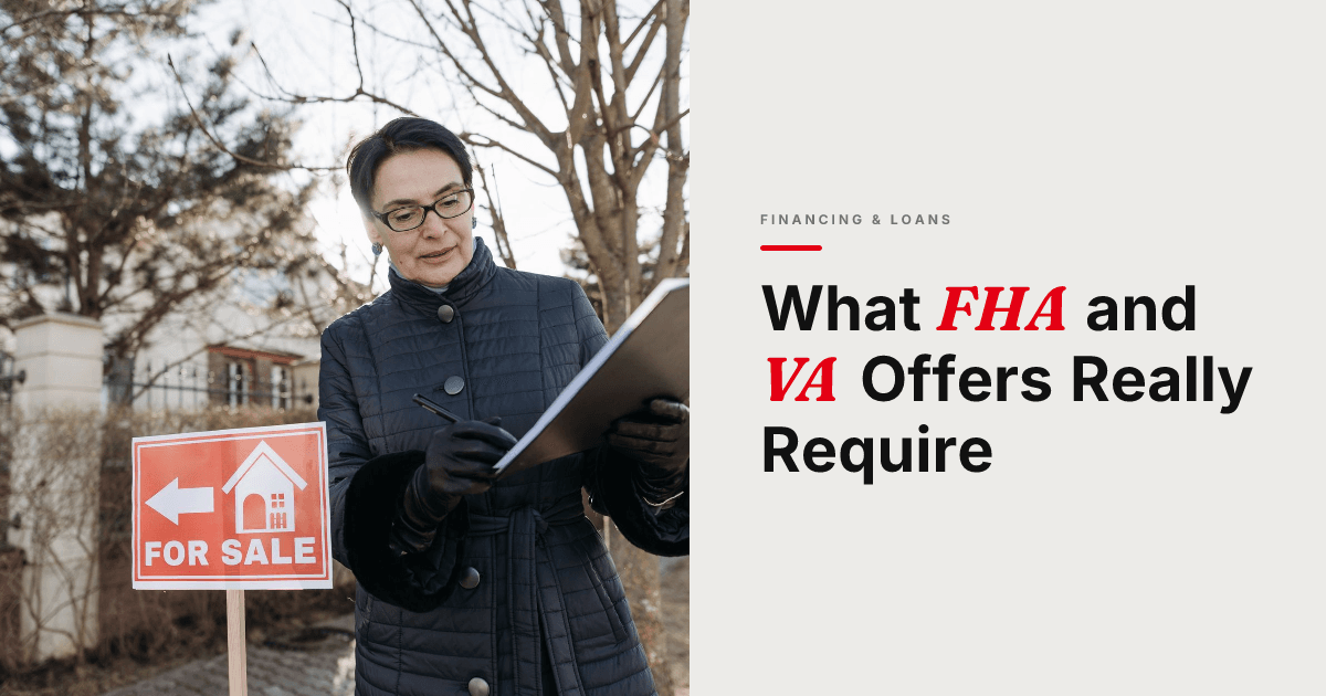 A real estate agent reviews a clipboard next to a 'For Sale' sign outside a property on a clear day.