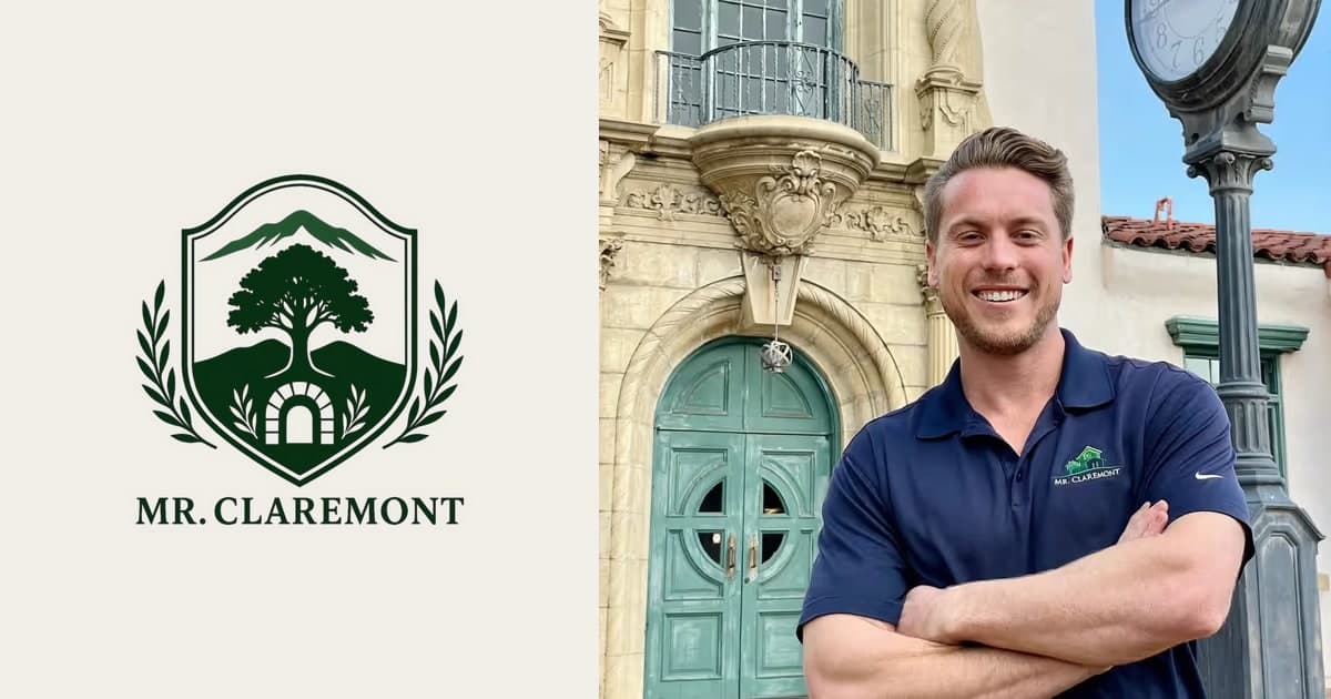 Anthony Grynchal, known as Mr. Claremont, in front of the Claremont Village clock and Spanish Revival architecture, beside the Mr. Claremont Real Estate crest