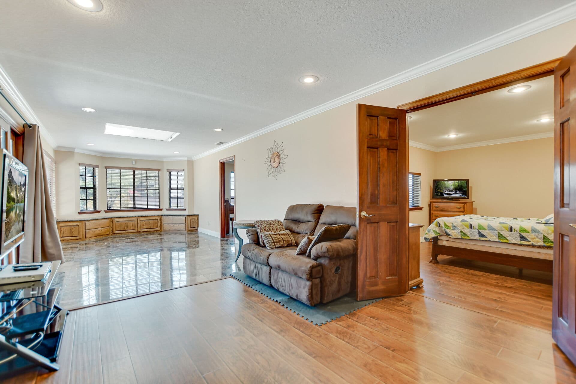 Family room with bay-window built-ins in a Claremont home