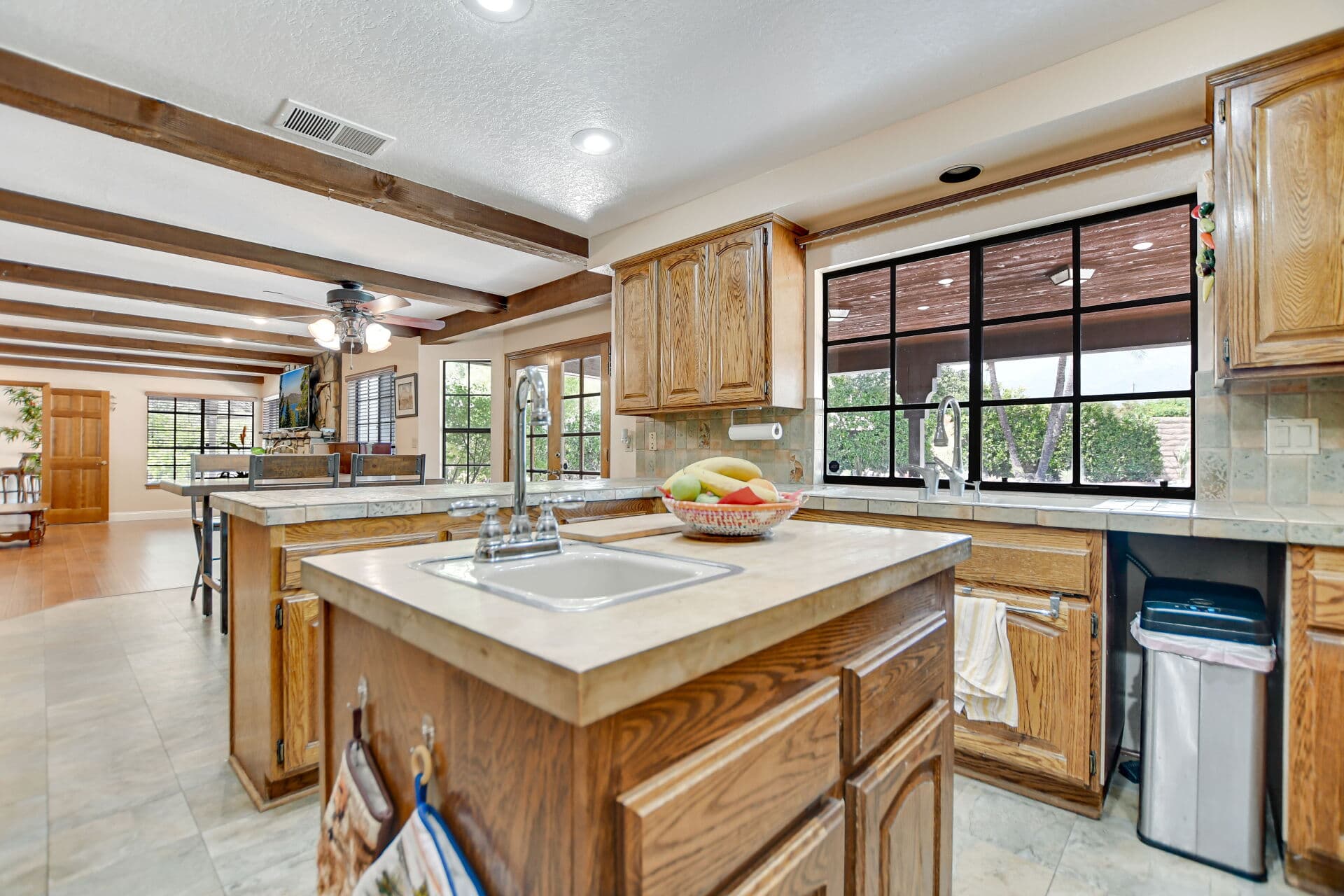 Kitchen island and garden window in a Claremont home