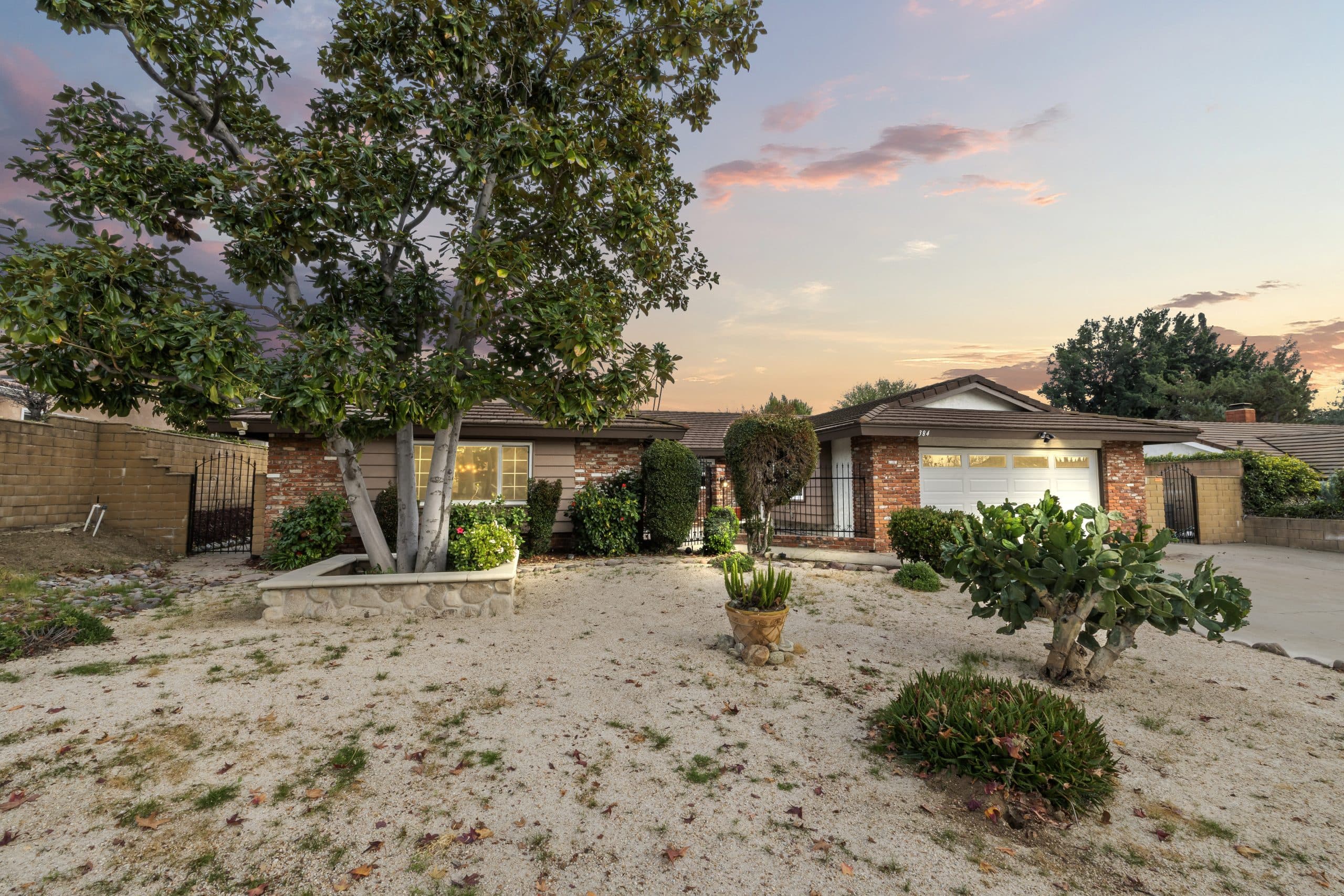 Brick-accented single-story Claremont home at dusk with a magnolia tree and drought-tolerant front yard