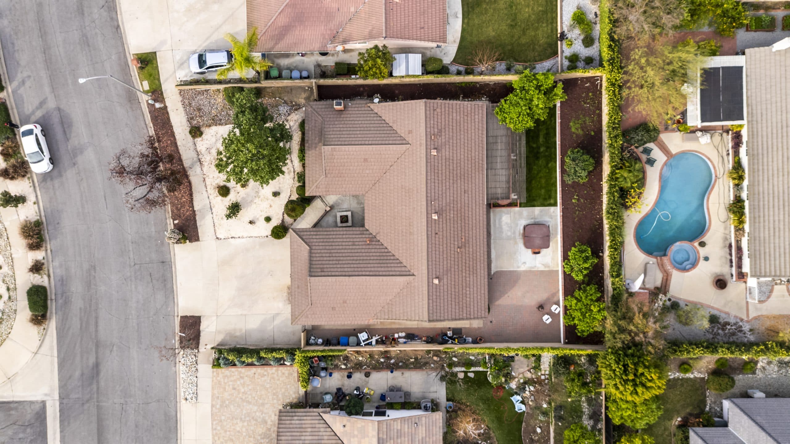 Overhead view of a Claremont tile roof and the shared walls between adjacent lots